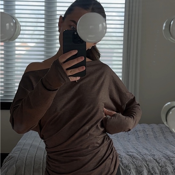 Tops - Brown Off-Shoulder Long Sleeve Top